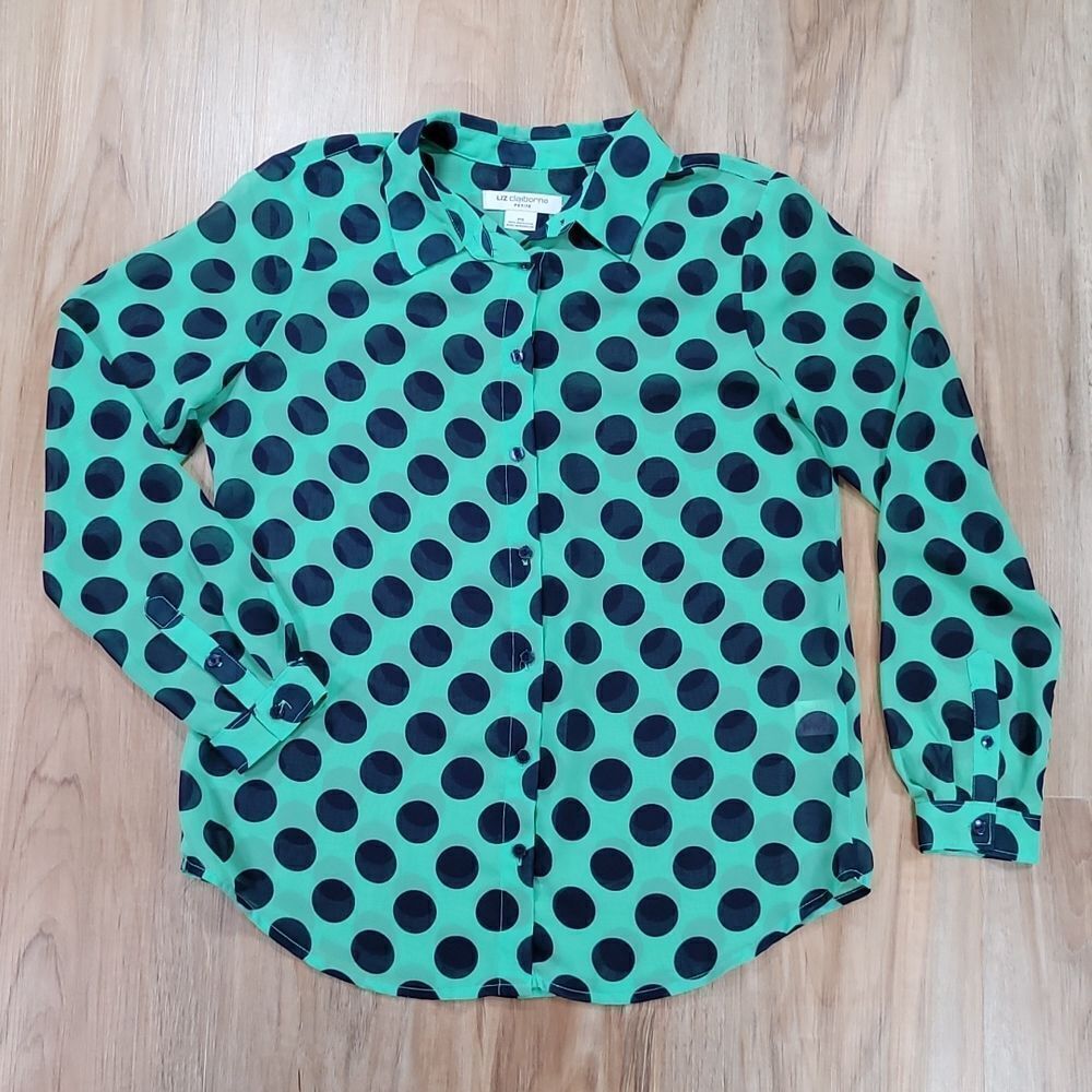 🔸️Liz Claiborn Mint Green Semi-Sheer Polka Dot Long Sleeve Top Petite Small